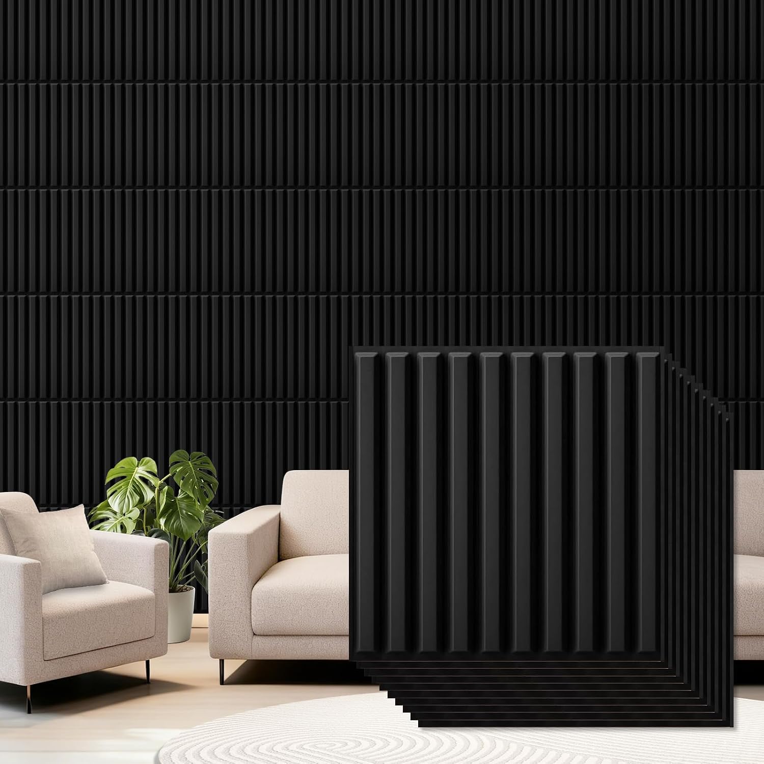 33-Pack Black Fluted Wall Panels